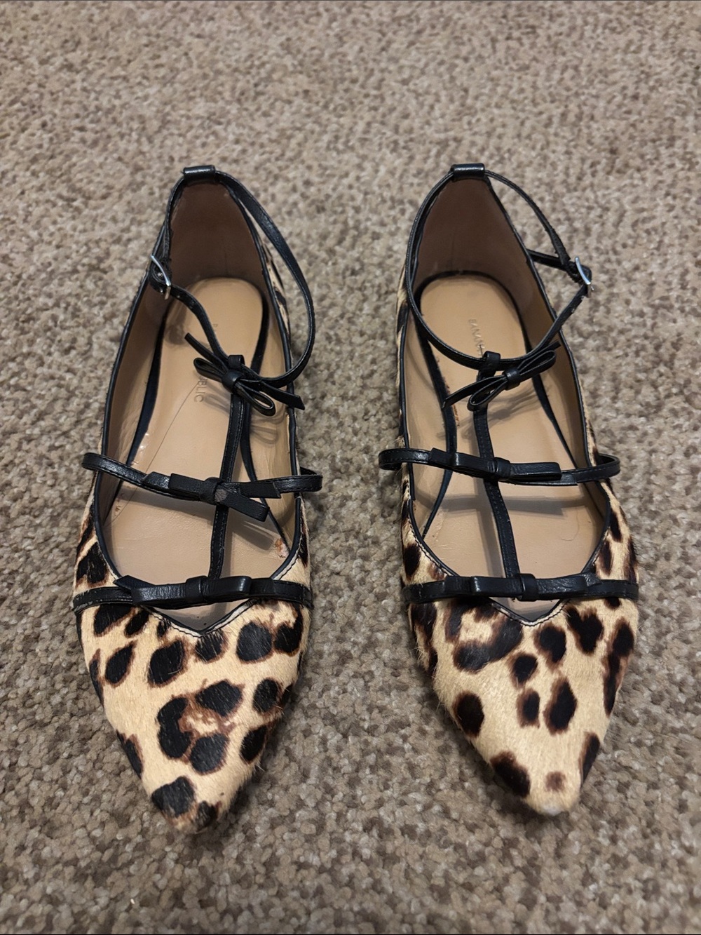 Banana Republic Leopard Print Pointed Ballet Flats with Black Bow Straps 7.5